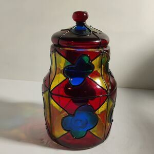 Vintage Vidrio  Stained Glass Lidded Jar, 8" Tall Made In Mexico Signed